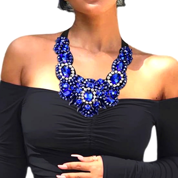 Gothic Romance Cobalt Blue Rhinestone Bejeweled Collar Necklace - Picture 3 of 4